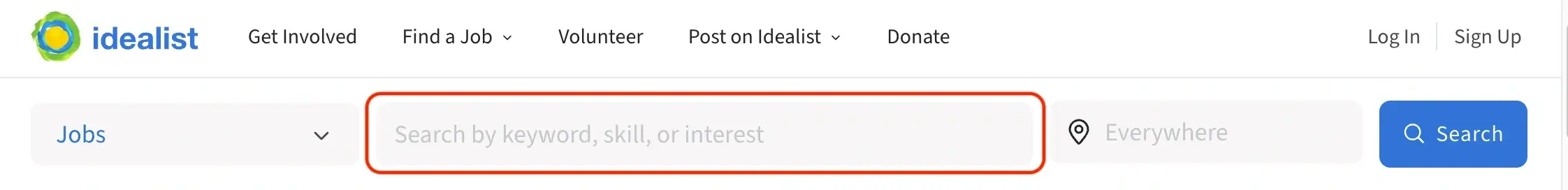 A screenshot of the Idealist website showing Keyword search field.