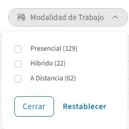 Captura de pantalla del sitio de Idealist mostrando cómo filtrar por modalidad