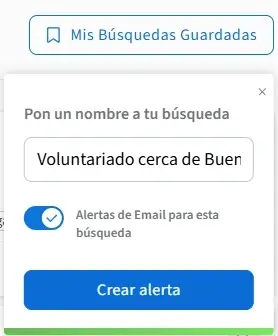 Captura de pantalla del sitio de Idealist mostrando cómo crear alertas de email a partir de una búsqueda
