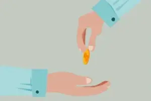 Cartoon of a hand giving another hand a coin.
