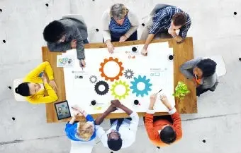 Graphic design of a group of people brainstorming.