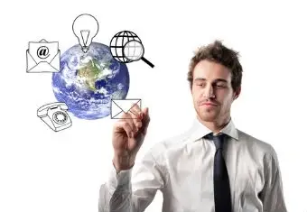 A person with a graphic of the world with various illustrations.