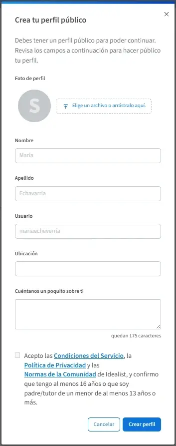 Una captura de pantalla de cómo crear y publicar tu perfil.