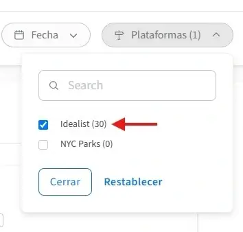 Captura de pantalla señalando el filtro de Idealist.