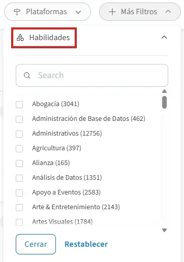 Captura de pantalla del sitio de Idealist mostrando cómo seleccionar habilidades en una búsqueda
