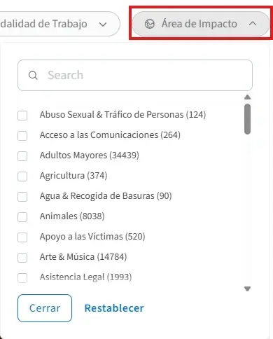 Captura de pantalla del sitio de Idealist mostrando cómo elegir áreas de impacto