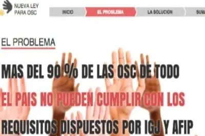 Manos levantadas frente a un texto que dice "el problema: más del 90% de las OSC de todo el país, no pueden cumplir con los requisitos dispuestos por IGJ y AFIP