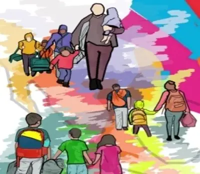 Ilustración sobre migrantes con niños caminando