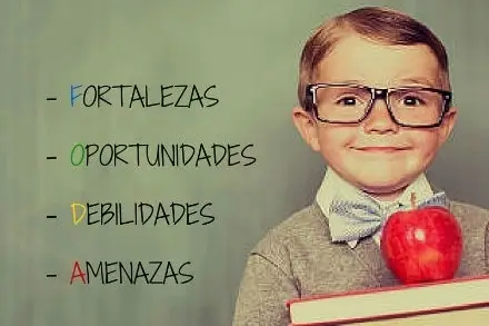 Niño sonriente junto a pizarra con las letras y significado del FODA