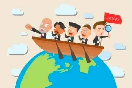 Desenho de homens vestidos de terno em um barco com bandeira "vitória" remam sob o globo