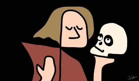 A imagem mostra uma figura estilizada de uma pessoa segurando uma caveira, em uma pose que lembra a cena clássica de Hamlet.