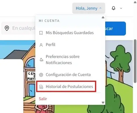 Captura de pantalla del sitio de Idealist mostrando cómo ver tu Historial de Postulaciones