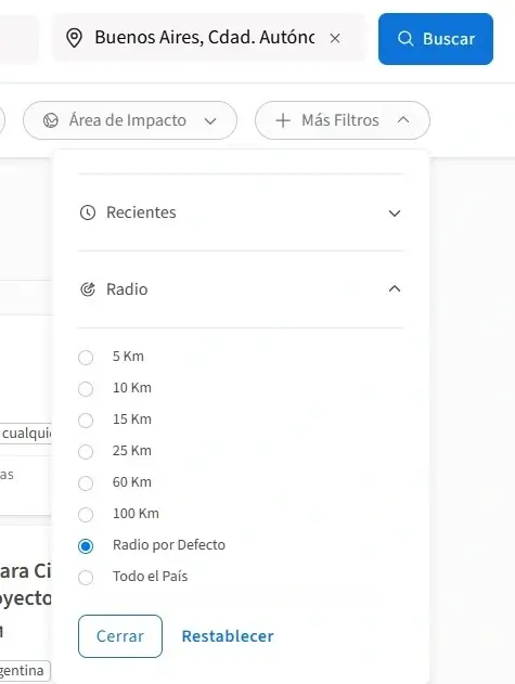 Captura de pantalla del sitio de Idealist mostrando cómo modificar el radio de búsqueda