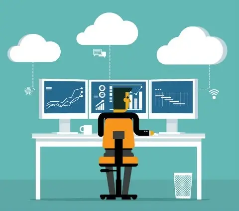 A graphic of a person sitting with three computer screens.