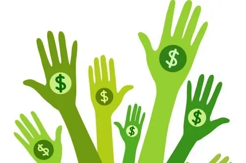 Ilustración de manos levantadas con un ícono de dinero en su palma