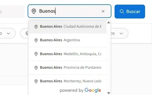 Captura de pantalla del sitio de Idealist mostrando cómo seleccionar una ubicación