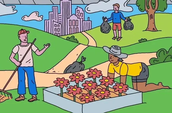 personas plantando flores y recogiendo basura