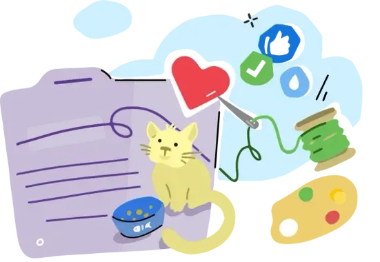 Illustration of a yellow cat sitting on a purple document with lines of text, surrounded by colorful icons including a red heart, green checkmark, blue thumbs up, water droplet, thread spool, paint palette, and food bowl, representing creativity and productivity elements.