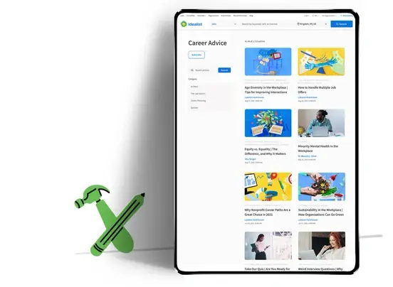 A tablet screenshot view of Idealist's Career Advice, showing article titles and illustrations