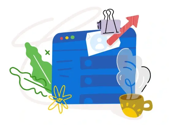 Illustration of a blue browser window with a person icon, upward trending arrow, coffee cup, green leaf, and yellow flower, representing digital growth and productivity.