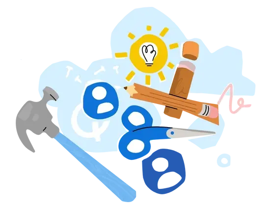 Illustration of collaboration tools including a hammer, scissors, pencil, lightbulb icon, and four blue circular user profile icons arranged on a light blue cloud background.