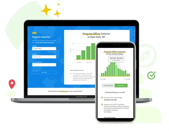 An image of Idealist's Nonprofit Salary Explorer tool on a laptop and phone screen.