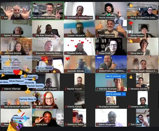 Pantallazo de reunión virtual en Febrero con personas de todo el mundo