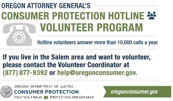Oregon Department of Justice, Consumer Protection Hotline Volunteer