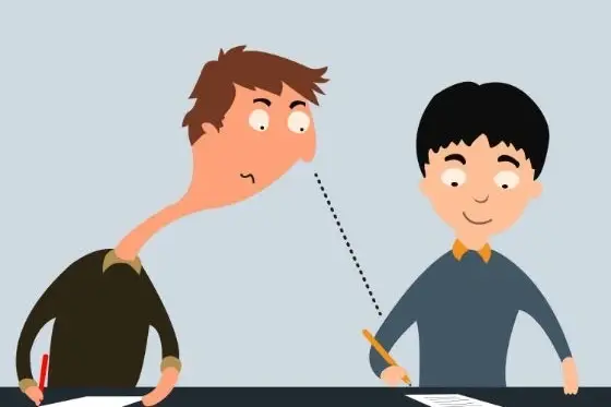 Una ilustración de un chico copiando a otro en un examen