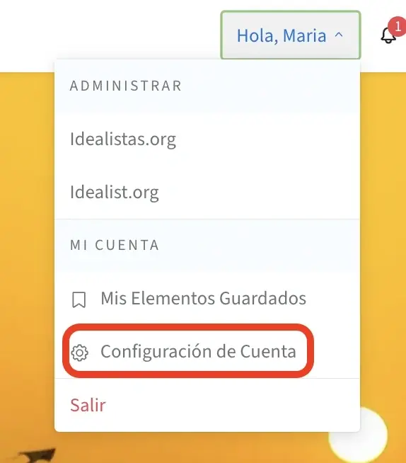 Captura de pantalla de la página de idealist relativa a la configuración de cuenta.