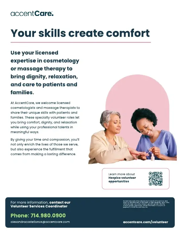 Licensed Cosmetologist or Massage Therapist Volunteer – AccentCare Hospice (In-Person)
