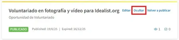 Screenshot del sitio de Idealist mostrando cómo ocultar un aviso