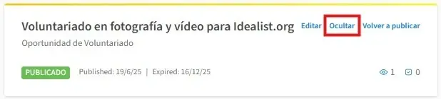 Screenshot del sitio de Idealist mostrando cómo ocultar un aviso