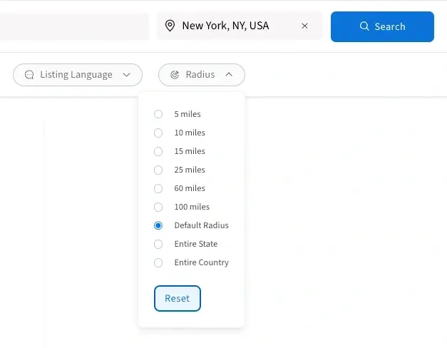 A screenshot of the Idealist website showing Radius search filter.
