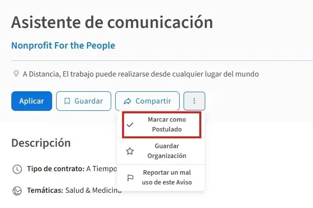Screenshot del sitio de Idealist mostrando cómo elegir Marcar como Postulado un aviso