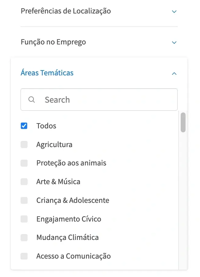 A screenshot of the Idealist website showing Issue Area search filters.