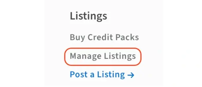A screenshot of the Idealist website showing the Manage Listings section of the Dashboard