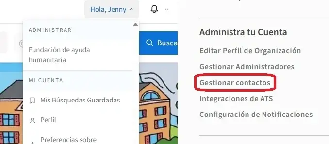Screenshots of the Idealist website showing where to find Manage Contacts