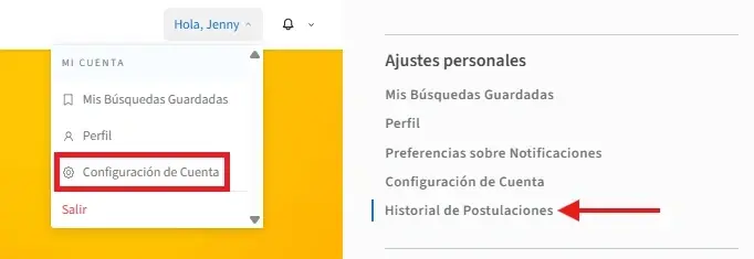 Screenshot del sitio de Idealist mostrando cómo ingresar al Historial de Postulaciones