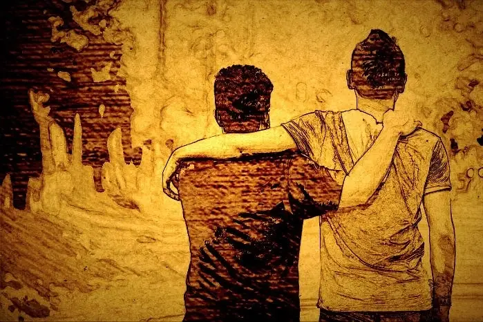 Ilustración de dos jóvenes caminando por la calle