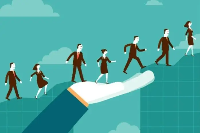 Ilustracion de varias personas caminando y ascendiendo gracias a una mano extendida