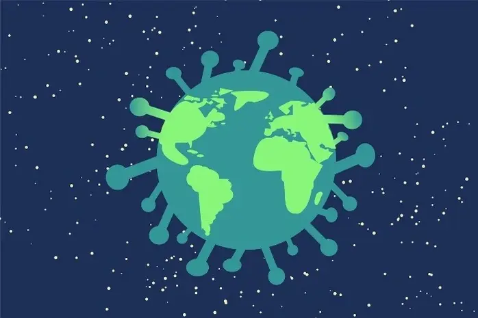 An illustration of planet earth as the coronavirus virion.
