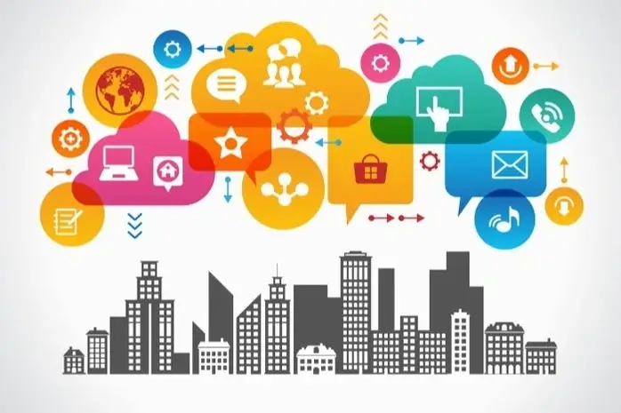 Una ilustración de una ciudad con íconos simbólicos de la era digital