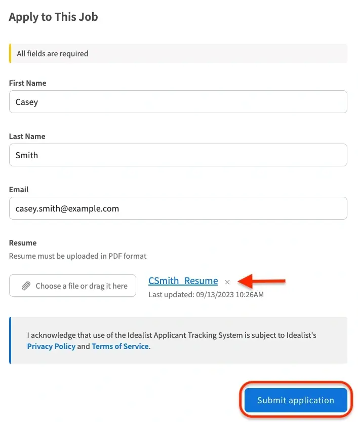 Screenshot of the Idealist website displaying how to submit an application through Idealist.