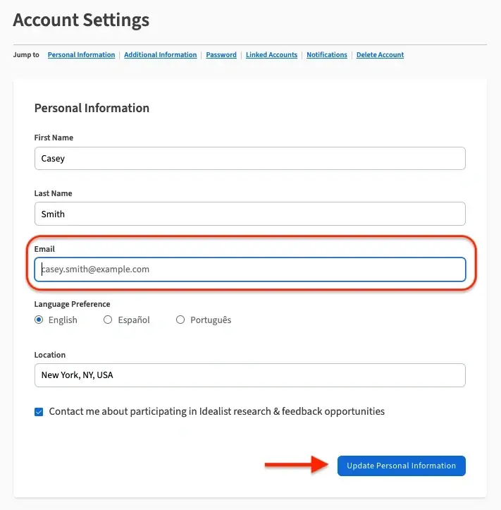 A screenshot of the Idealist website showing where to change your email and click "Update Personal Information."