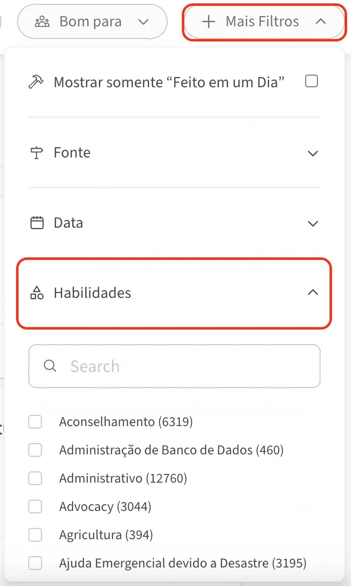 Captura de tela do site do Idealist mostrando como selecionar Habilidades em uma busca