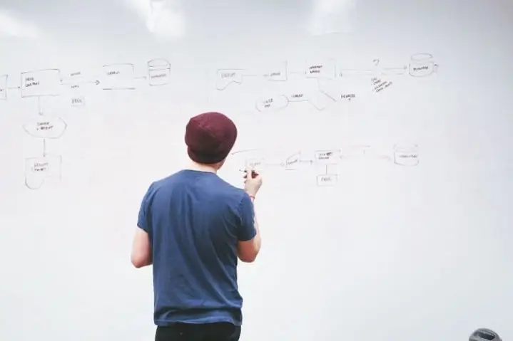 Chico escribiendo un diagrama en la pizarra