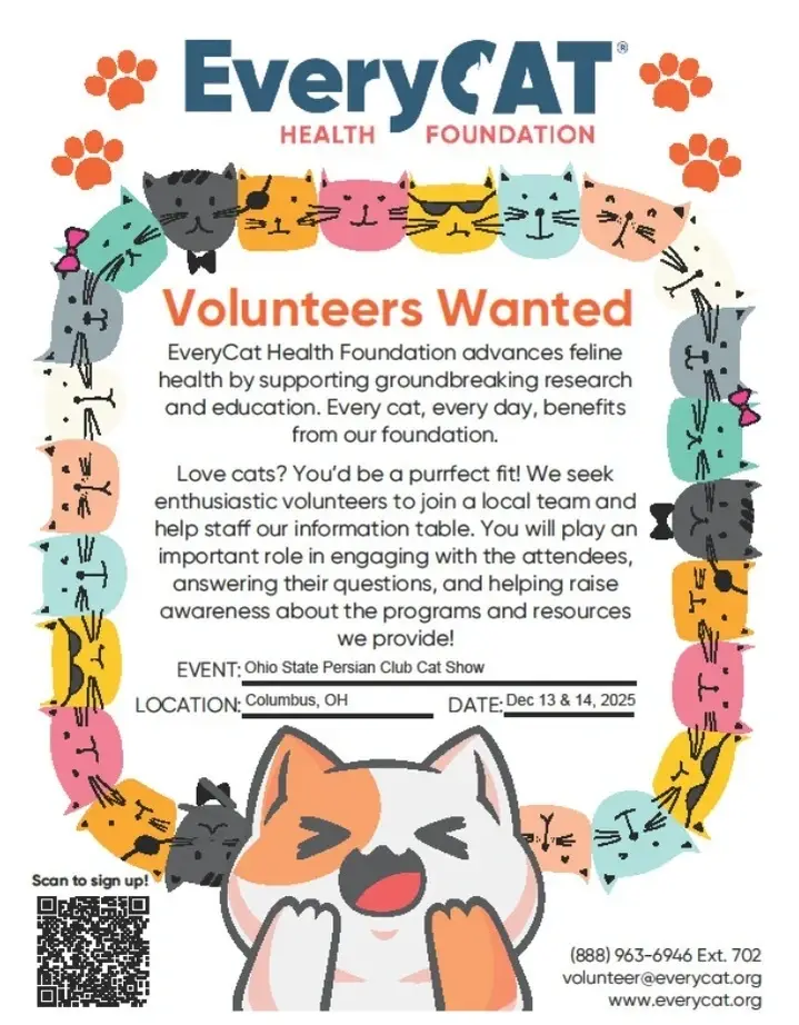 Help EveryCat Health Foundation at Ohio State Persian Club Cat Show