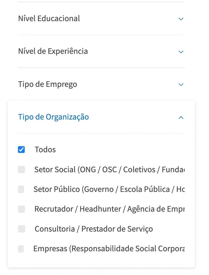 A screenshot of the Idealist website showing organization type search filters.