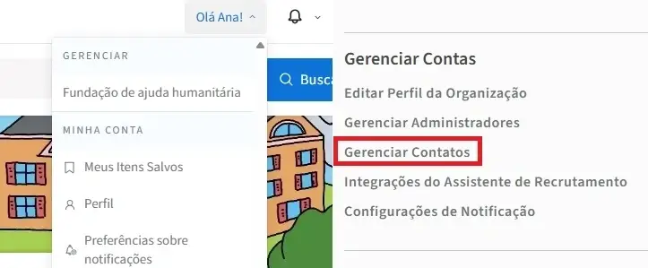 Screenshots of the Idealist website showing where to find Manage Contacts